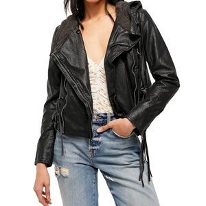 Free People Cleo Hooded Vegan Suede Moto Jacket, Black, Size L